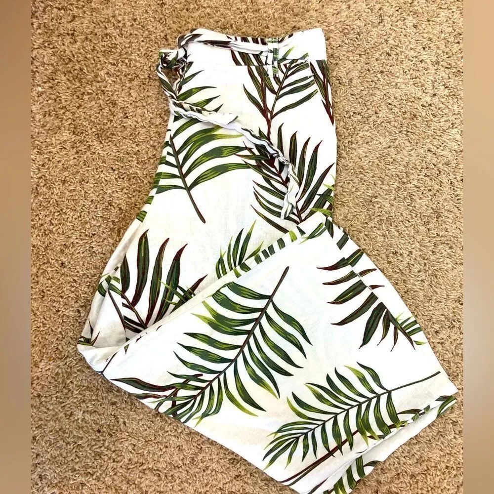 Joie tie high waisted cropped wide legs culottes tropical print linen blend